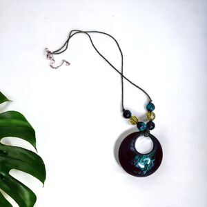 Bohemian Jewelry Green Round Resin Marbleized Pendant‎ Necklace with beads